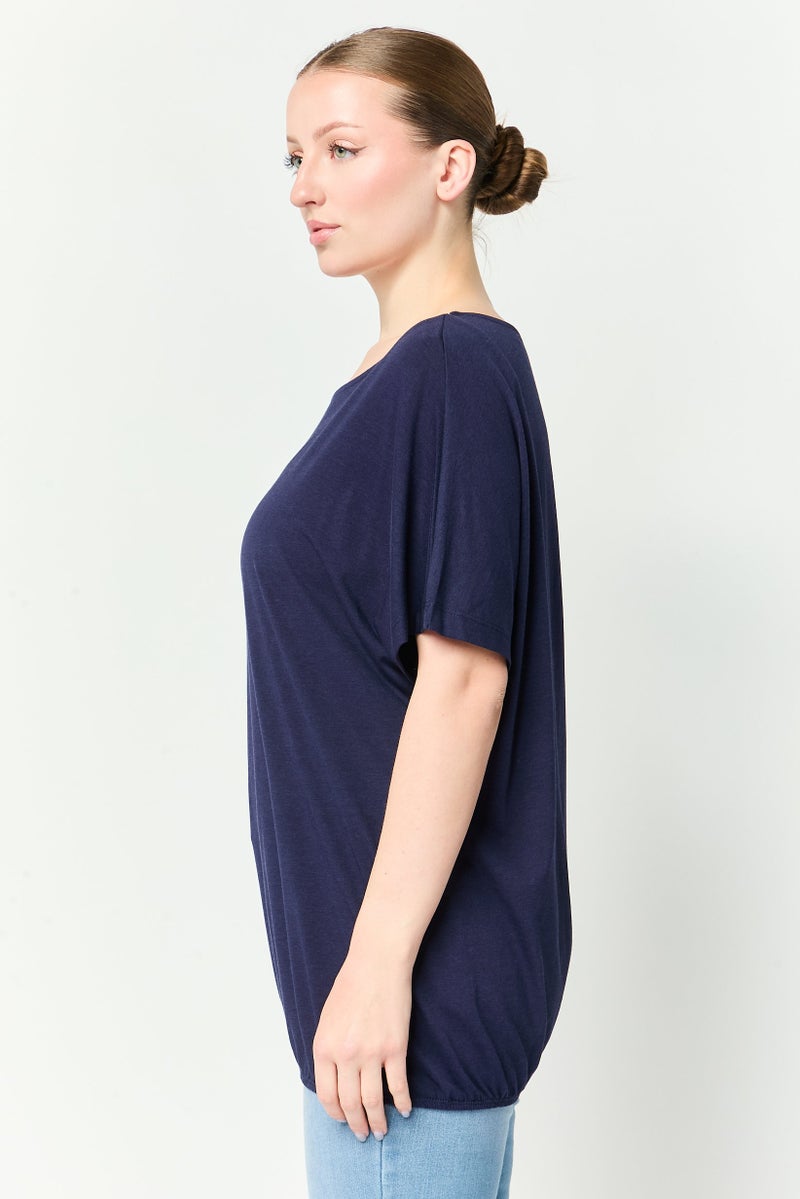 Tchibo Women Round Neck Short Sleeve Plain Top, Navy - Image 3